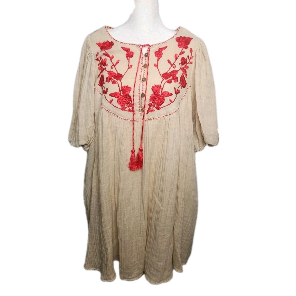 Boho Rustic Flowy NWT Free People Embroidered Mini Dress Gauze Pockets Tassels M